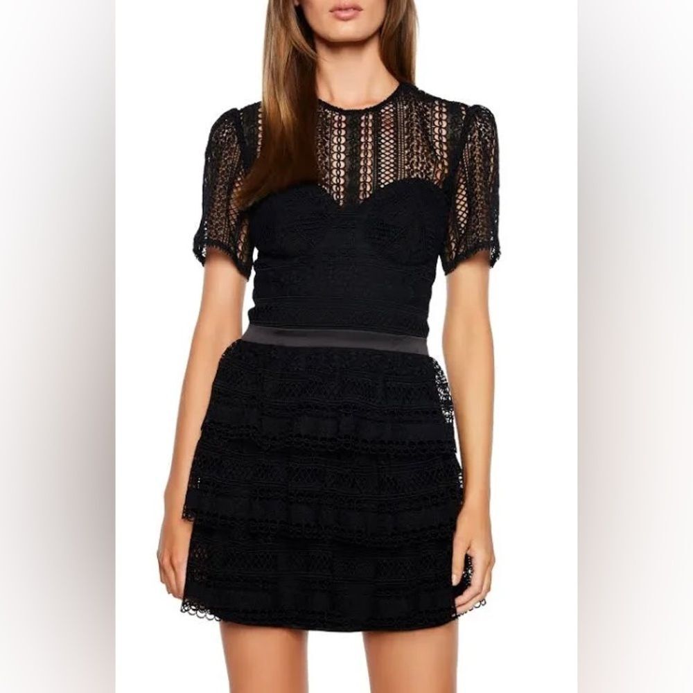 Bardot Black Lace Tiered Mini Dress